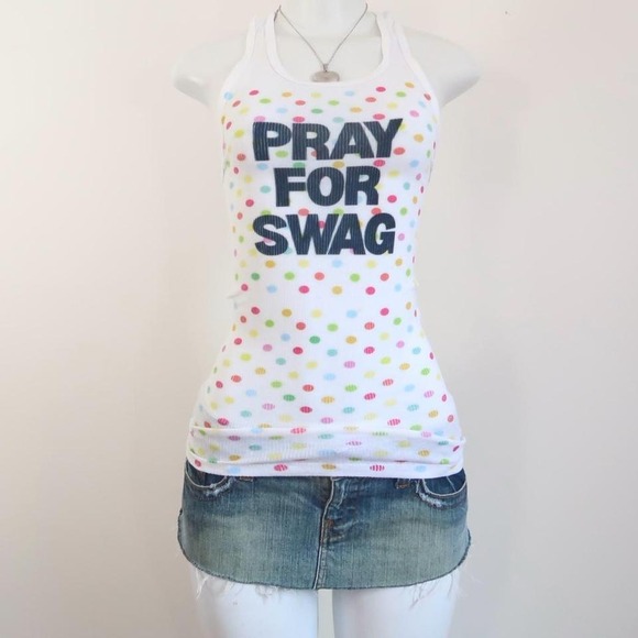 Tops - y2k pray for swag graphic tank top rainbow polka dot ribbed cami